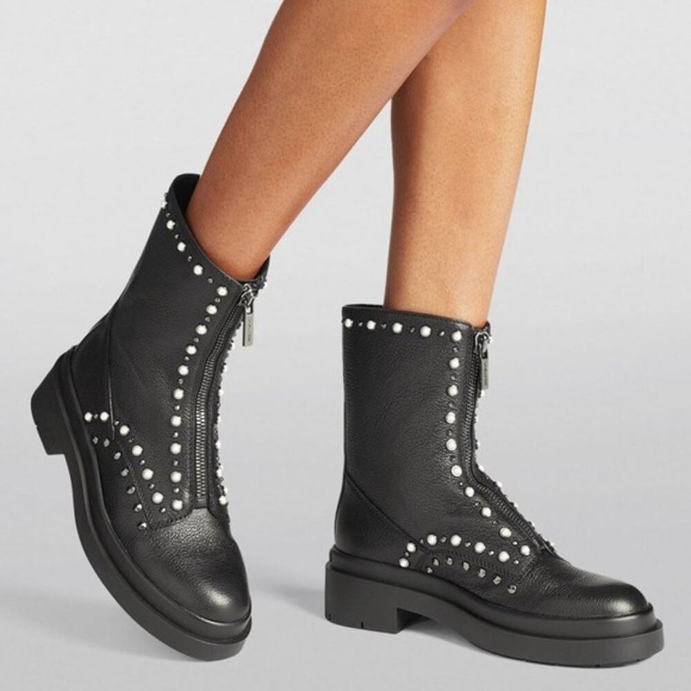 Jimmy Choo Nola Pearl Embellished Ankle Leather Combat Boots Grunge Goth Sz 6/36